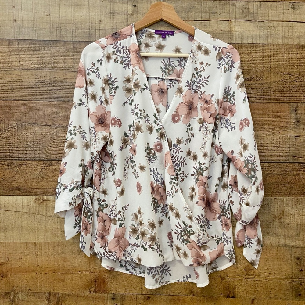 Floral Blouse, Wrap Style, Flowy, 3/4 Length Sleeves, Longer in Back - Picture 2 of 11